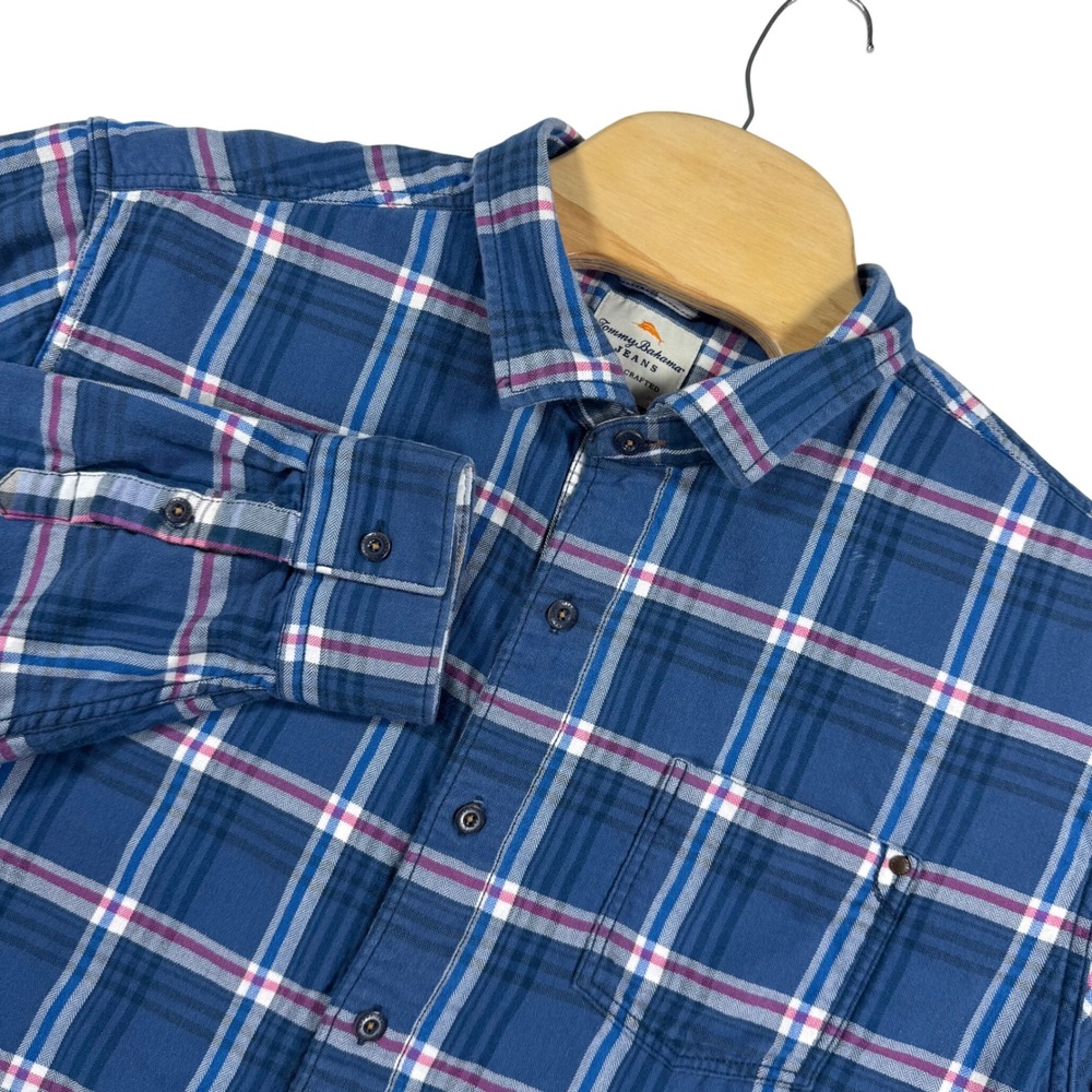 Tommy Bahama‎ Jeans Flannel Shirt Mens XXL Plaid Blue White Cotton **Has Flaw